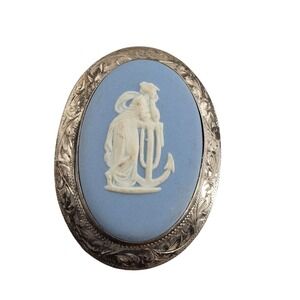 Wedgwood Blue Jasperware Cameo Brooch Pin Silver Setting Vintage Jewelry